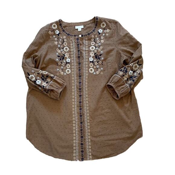 J. Jill Cotton Brown Embroidered Floral Swiss Dot Button Down Peasant Blouse S - Picture 5 of 14